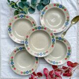 5 soup plates in speckled beige stoneware with floral pattern Tulowice Poland 1970