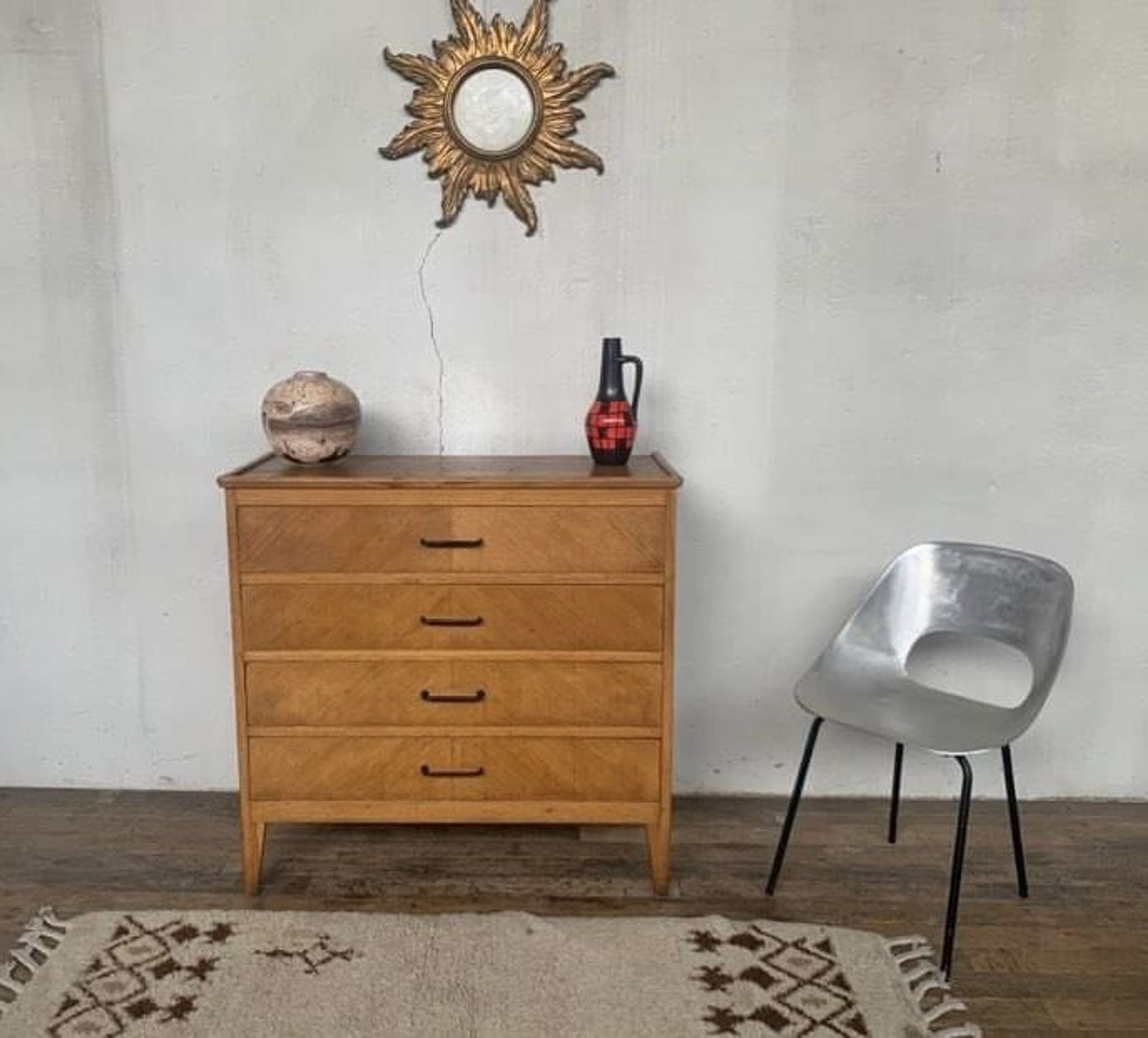 Commode à 4 tiroirs en chêne clair vintage des années 1950