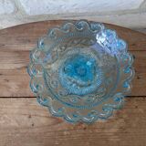 Ancien plat de service compotier sur piédouche en verre bleu
