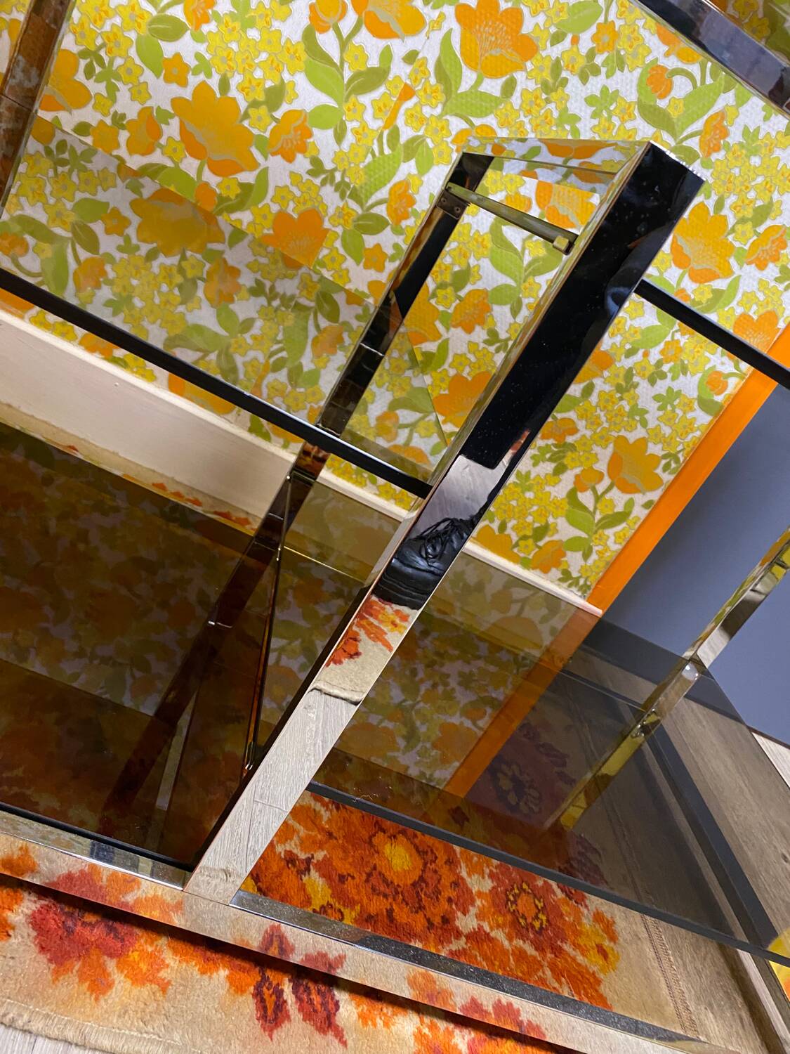 Vintage 70s chrome and smoked glass console