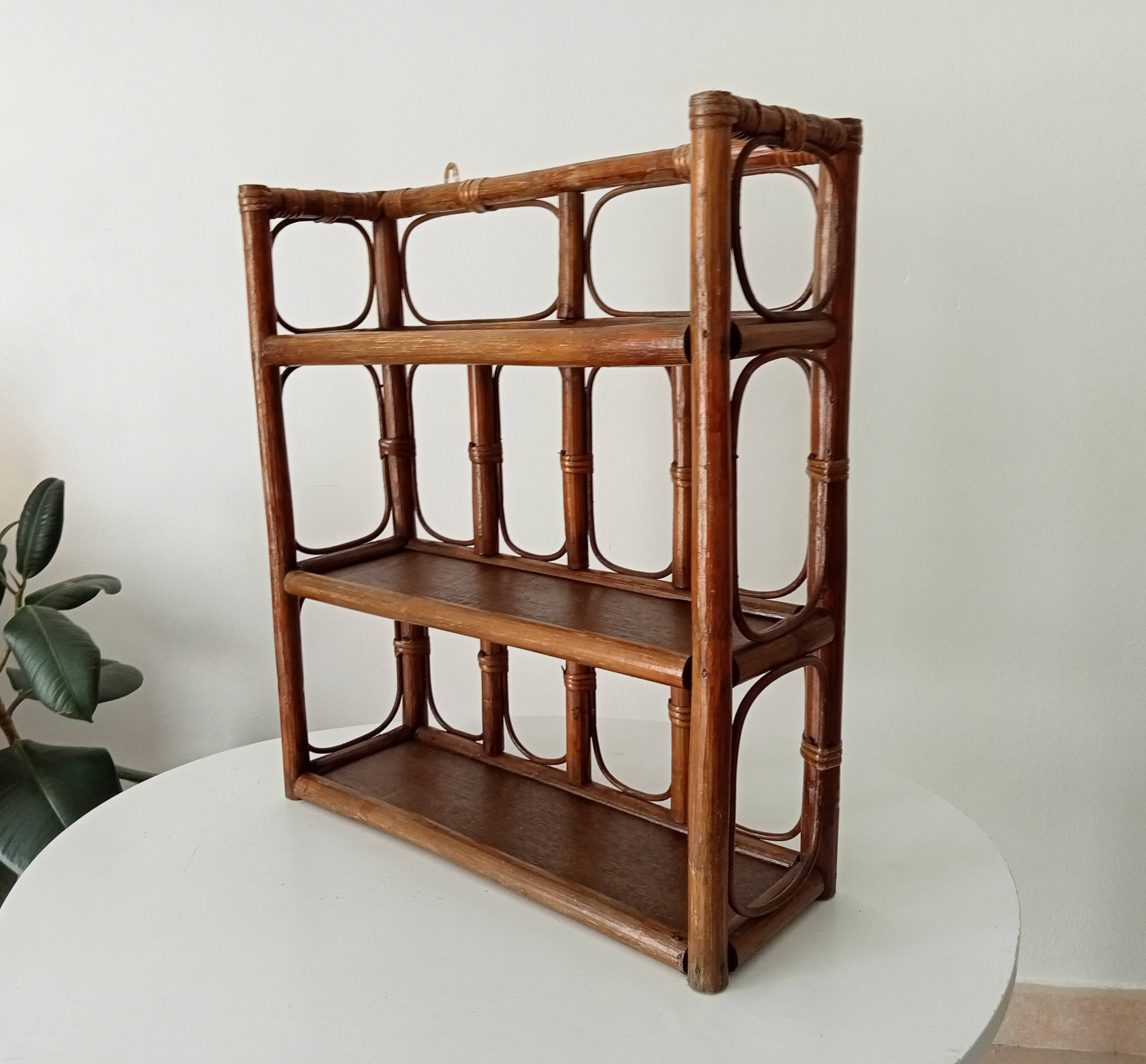 Vintage bamboo and rattan wall shelf