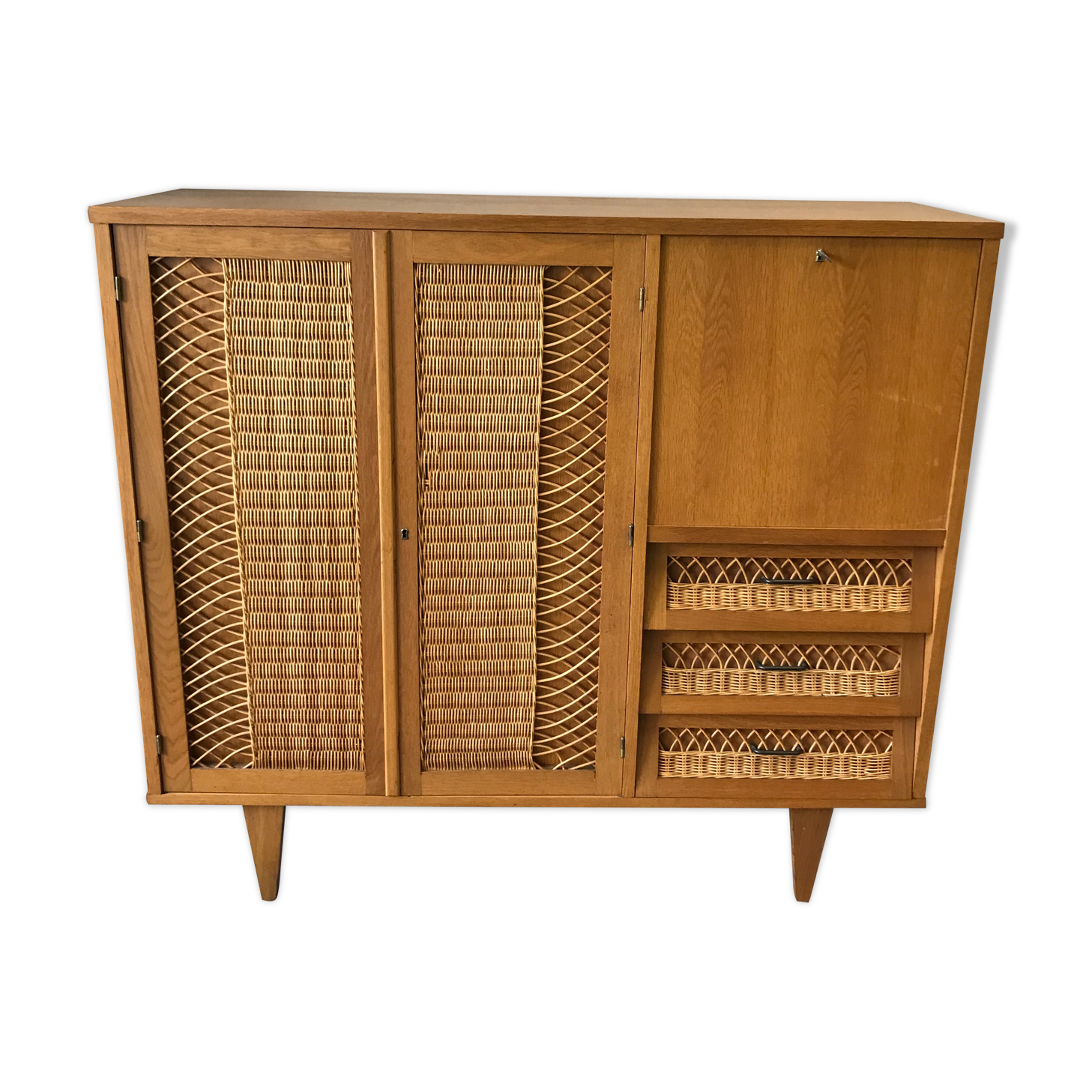 Furniture with wooden secretary and rattan