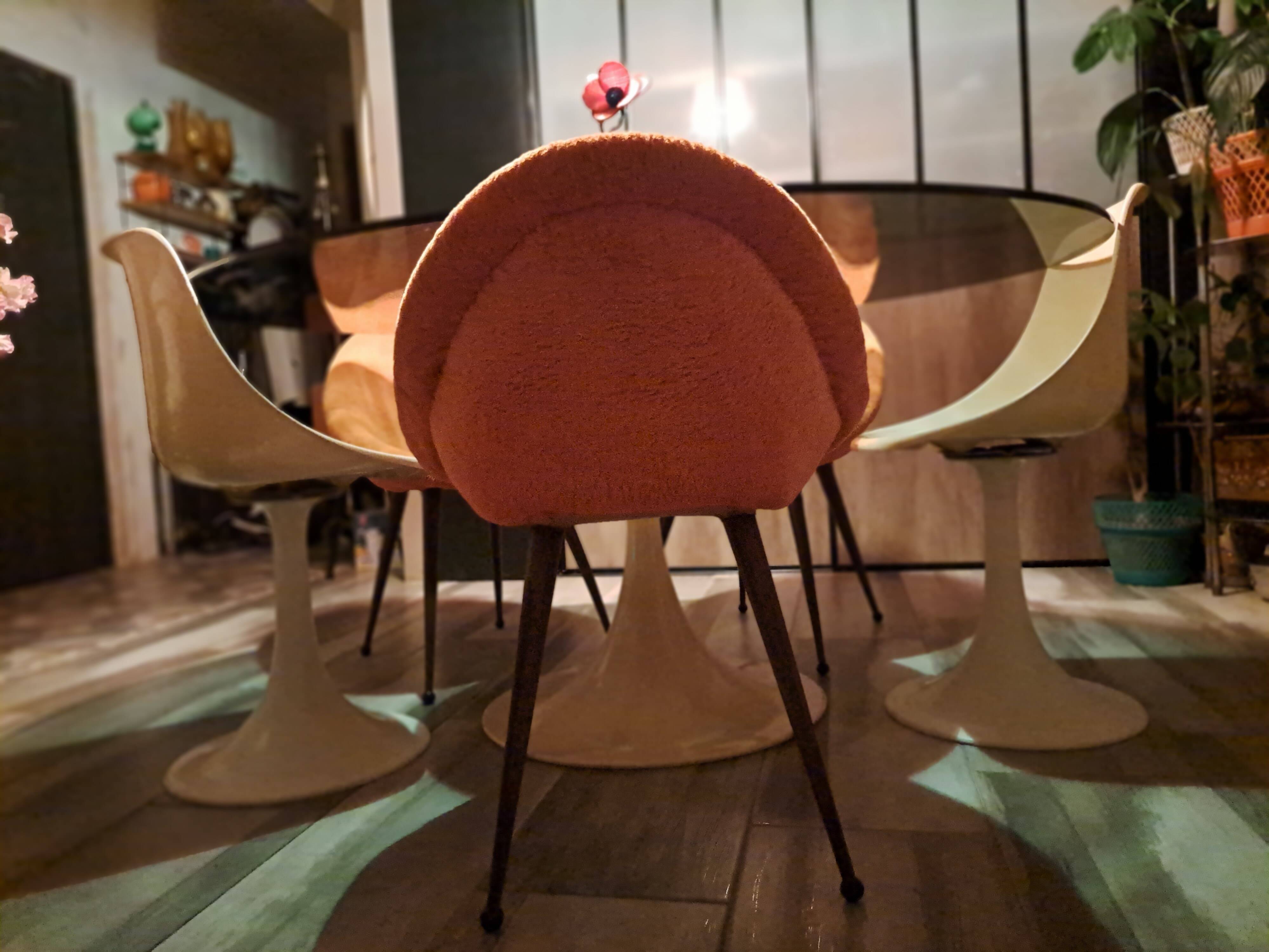 Set of 3 chairs, egg-shaped armchairs with compass legs, 1950