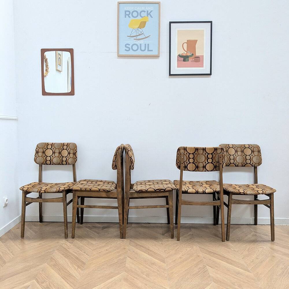 5 vintage oak chairs & original fabric