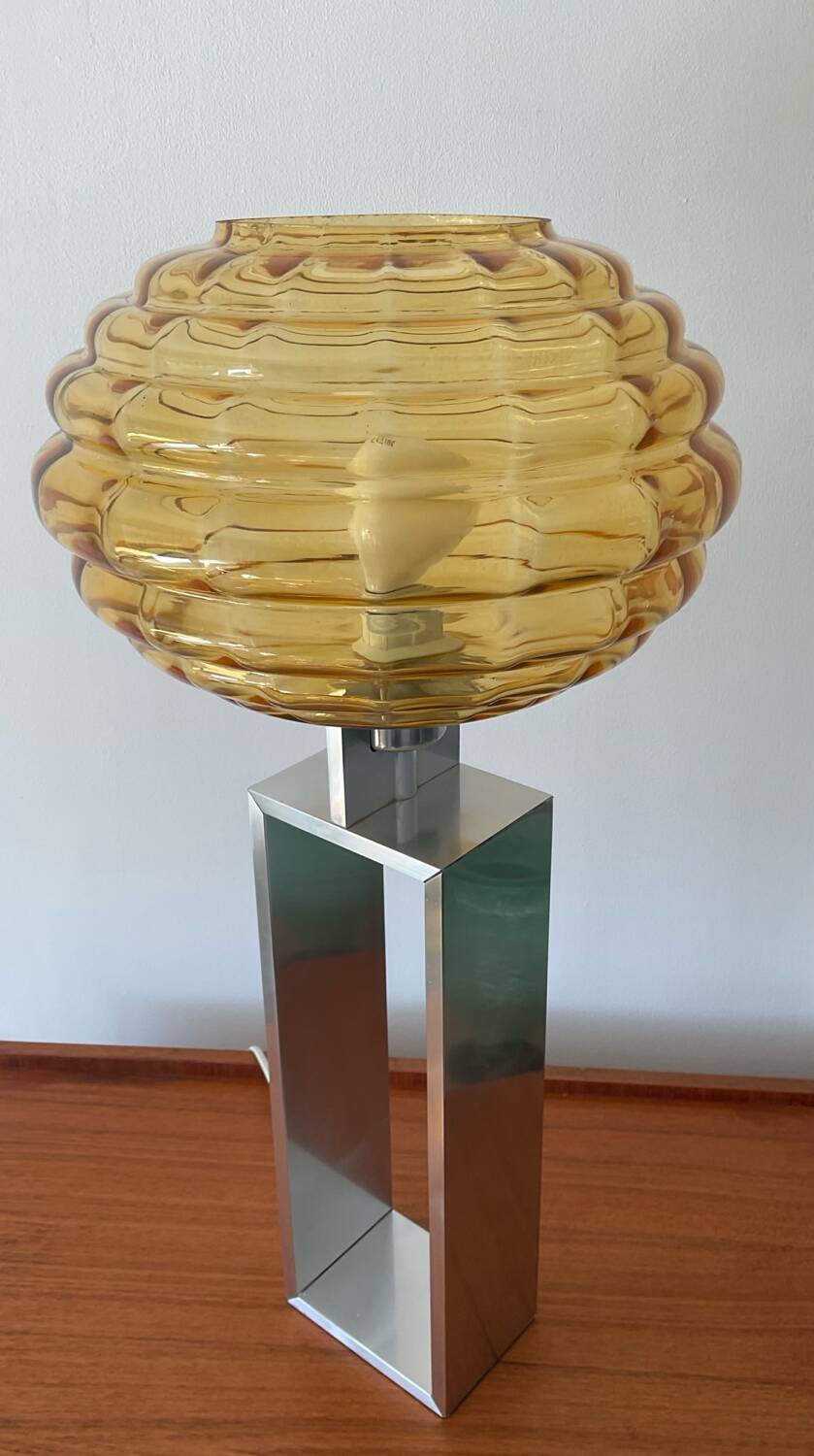 Vintage lamp in amber glass and aluminum