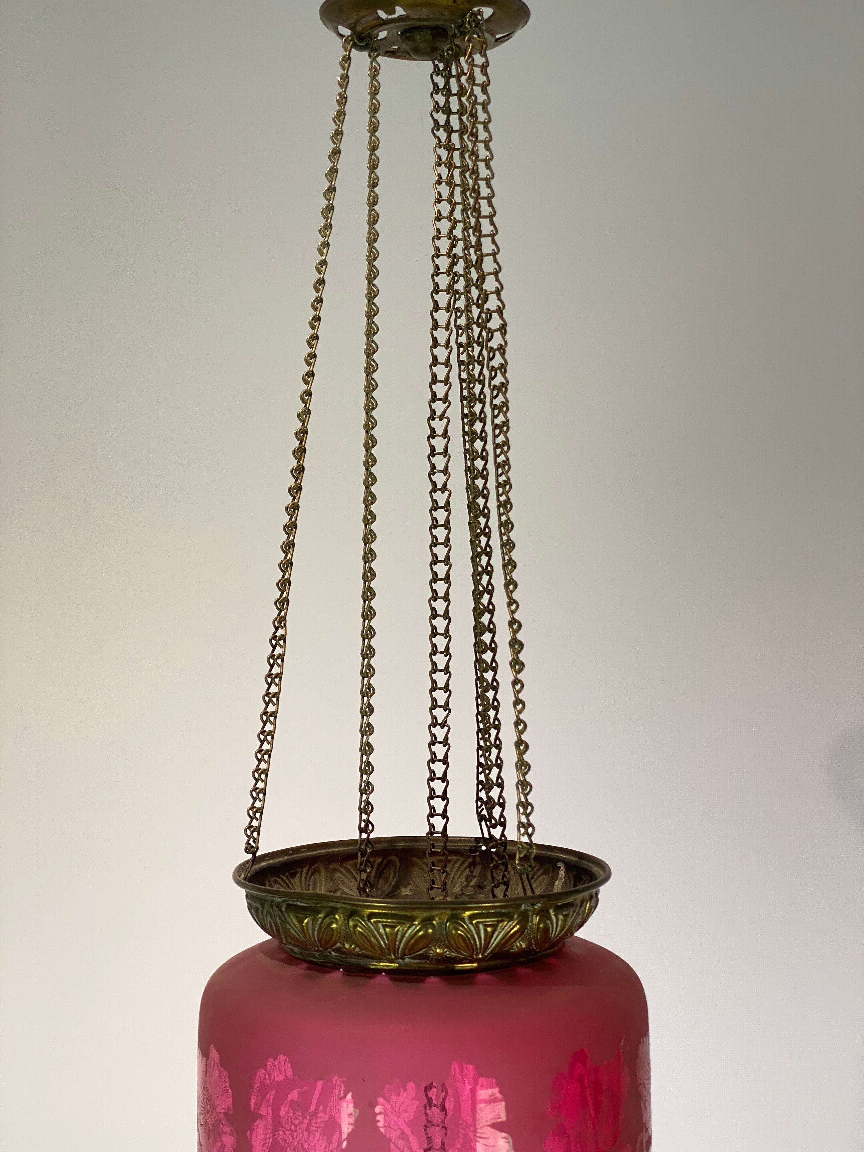 Antique pendant of pink opaline glass with brass edge by Funen's Glassworks, 1860s