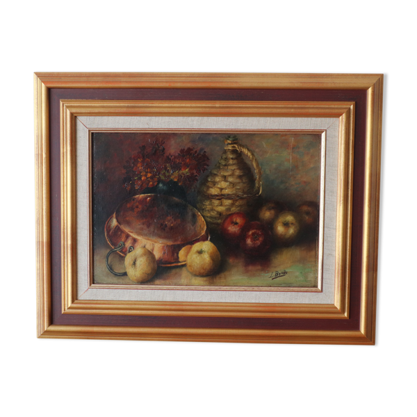 Tableau ancien nature morte dame jeanne et pommes
