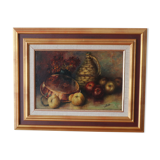 Tableau ancien nature morte dame jeanne et pommes