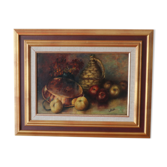 Tableau ancien nature morte dame jeanne et pommes