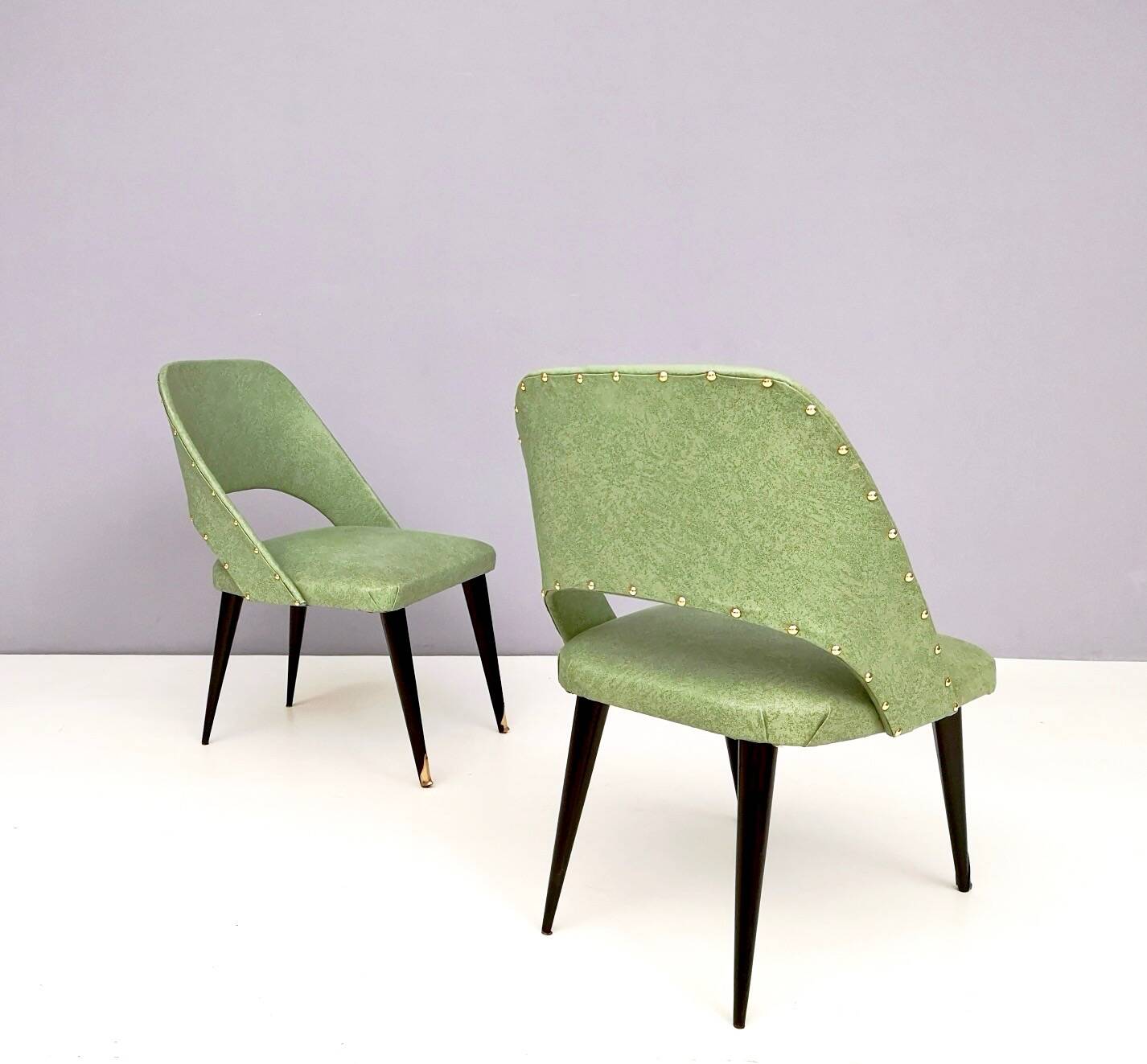 Pair of Vintage Green Skai Side Chairs with Ebonized Wood Legs, Italy