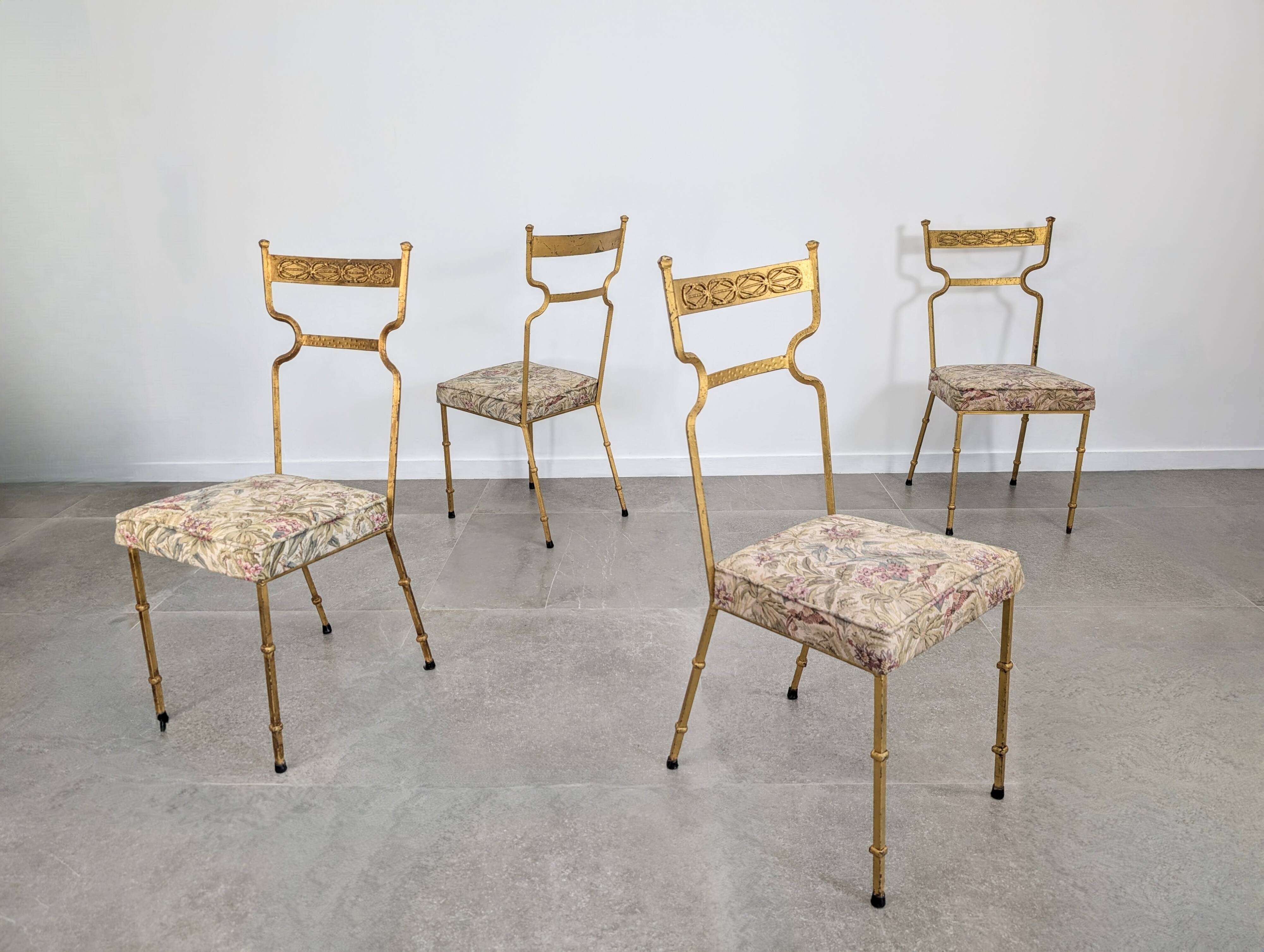 Ensemble de 4 Chaises en Fer Doré et Tissu Fleuri, Espagne, 1980s