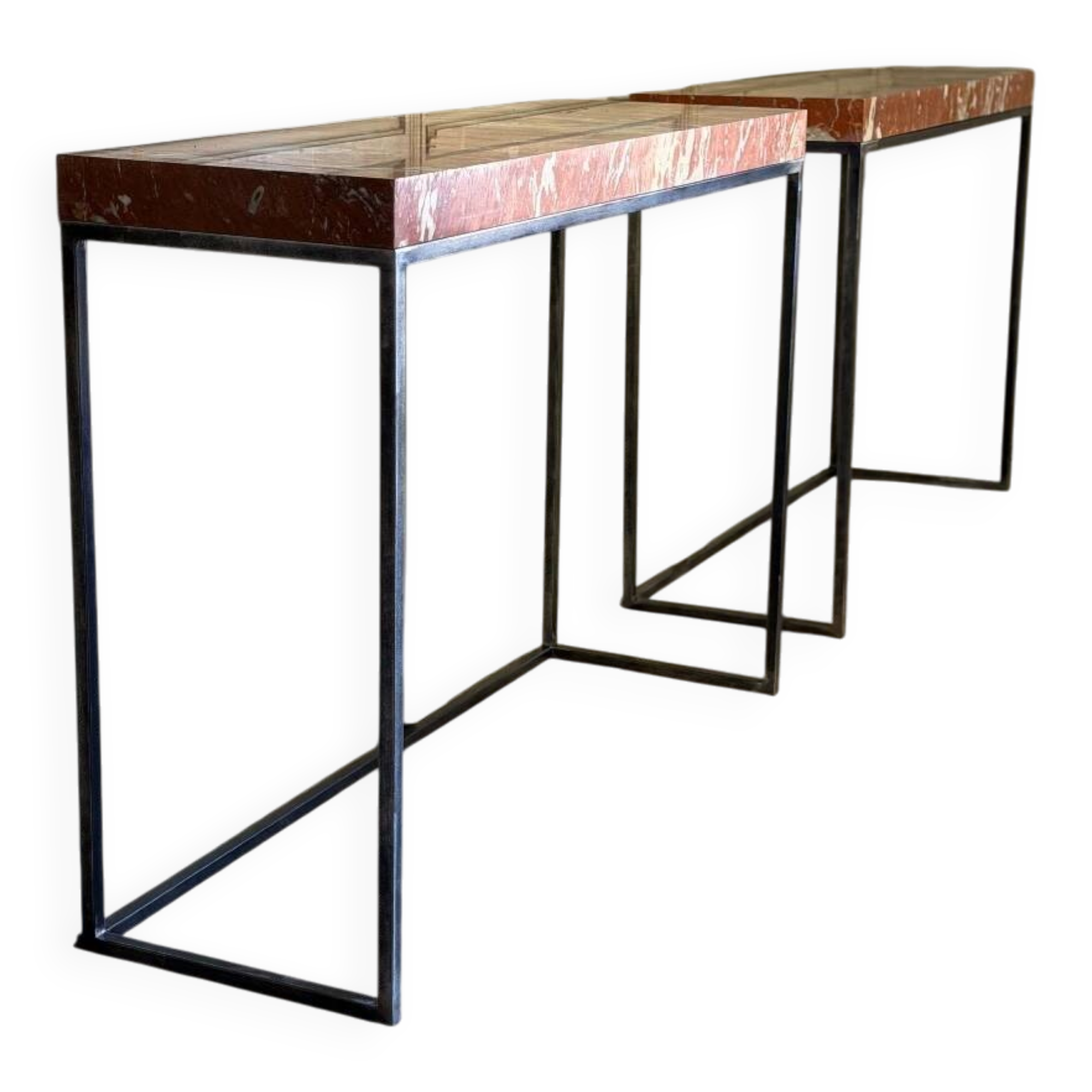 Pair of contemporary consoles in marble and metal.