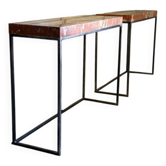 Pair of contemporary consoles in marble and metal.