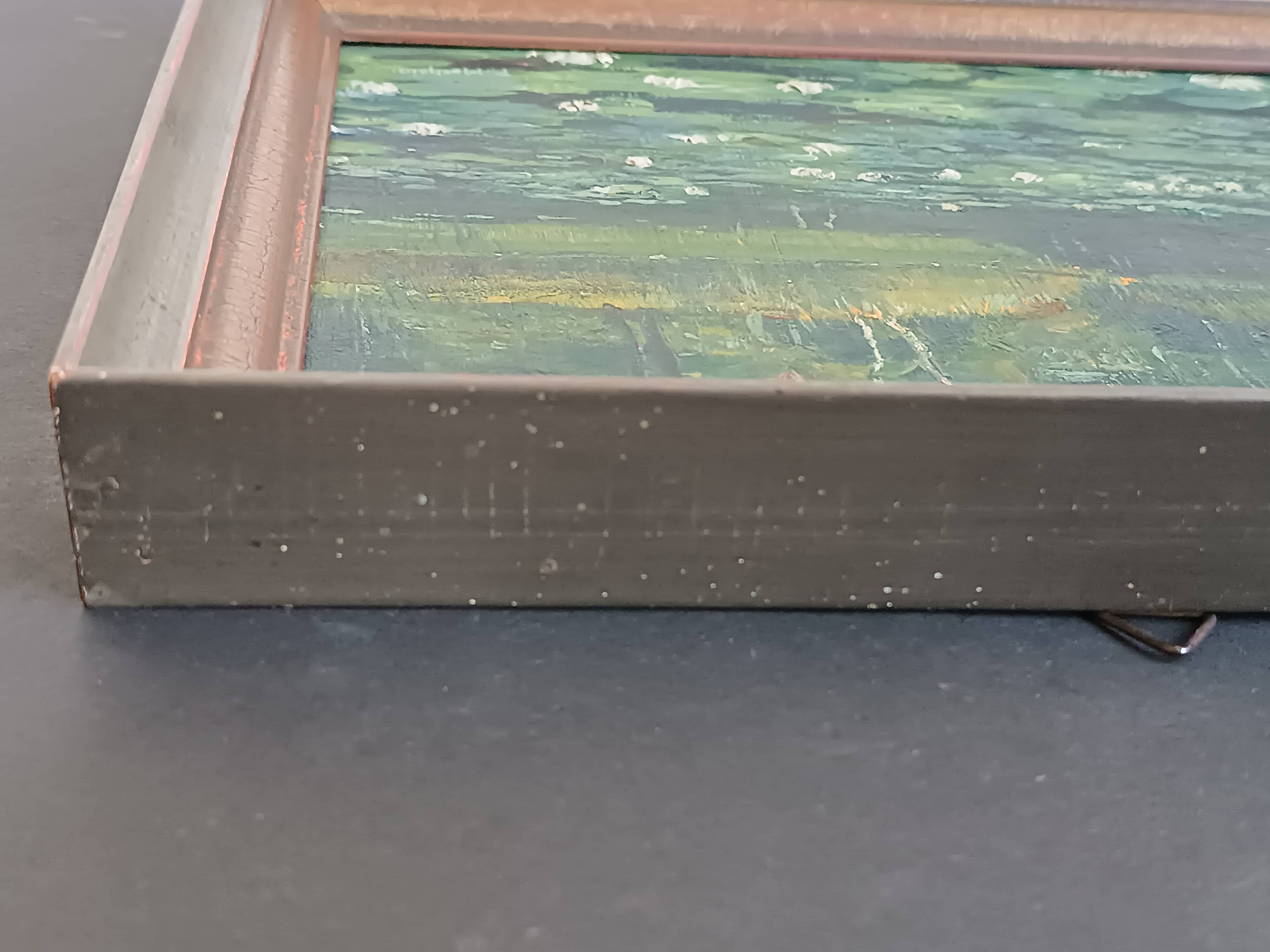 Original oil painting of a landscape with a pond and water lilies by Albert Morhain, 1930.