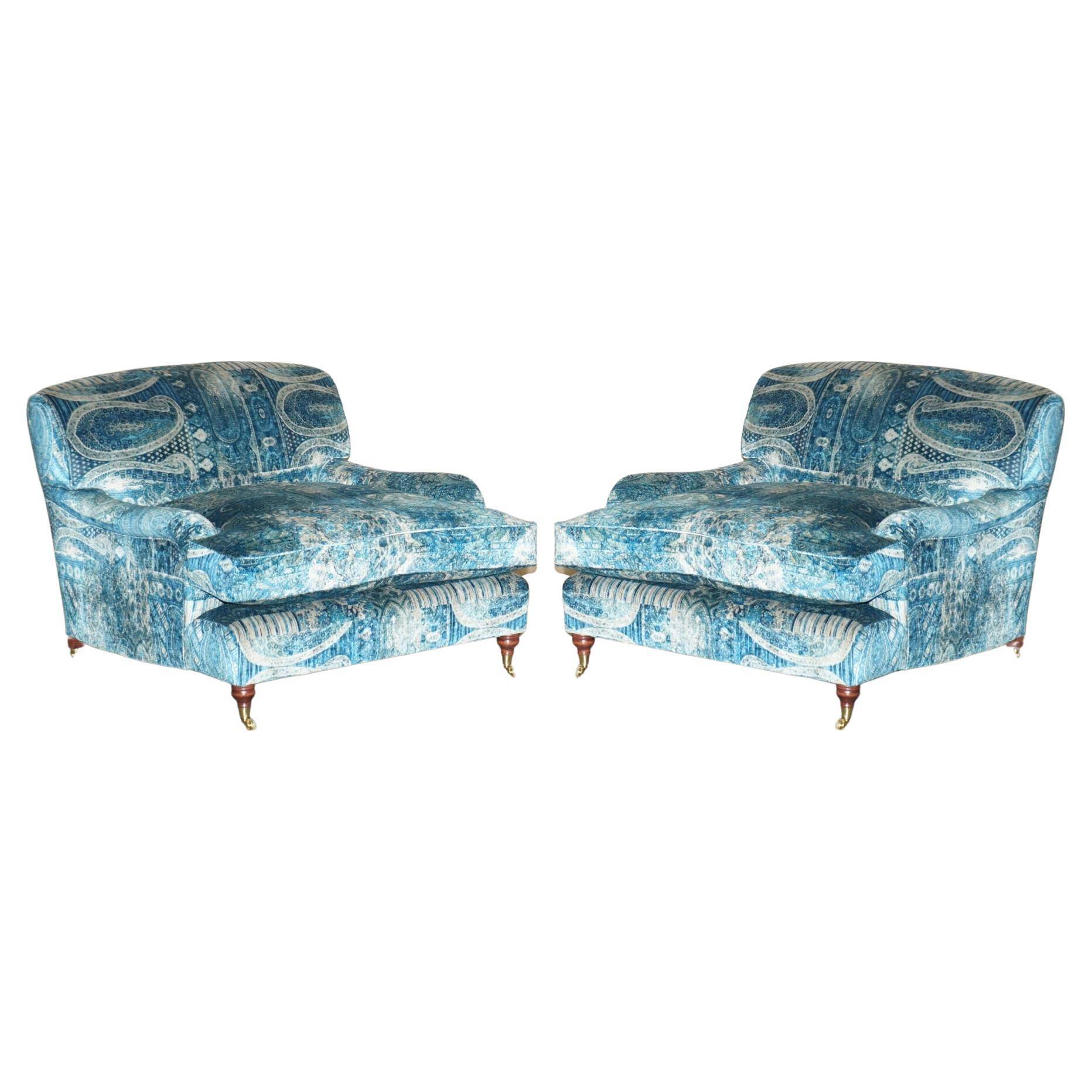 Pair of custom Howard love seat armchairs in Mulberry Lemond silk velvet.