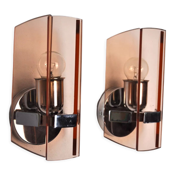 Pair of veca wall lamps in pink murano glass italy 1970