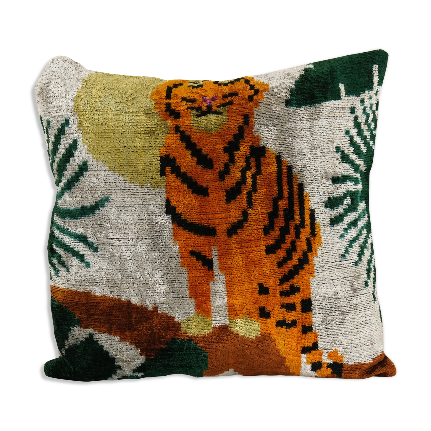 Square Silk Tiger Ikat Velvet Pillow, Yellow Animal Pattern Ethnic Cushion, Handloom Ethnic Pillow