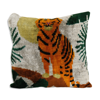 Square Silk Tiger Ikat Velvet Pillow, Yellow Animal Pattern Ethnic Cushion, Handloom Ethnic Pillow