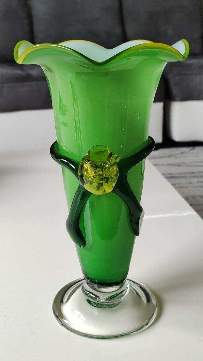 Design Vase in Floral/Yellow Rose shape in relief, corolla-shaped neck. Murano style. High 25 cm