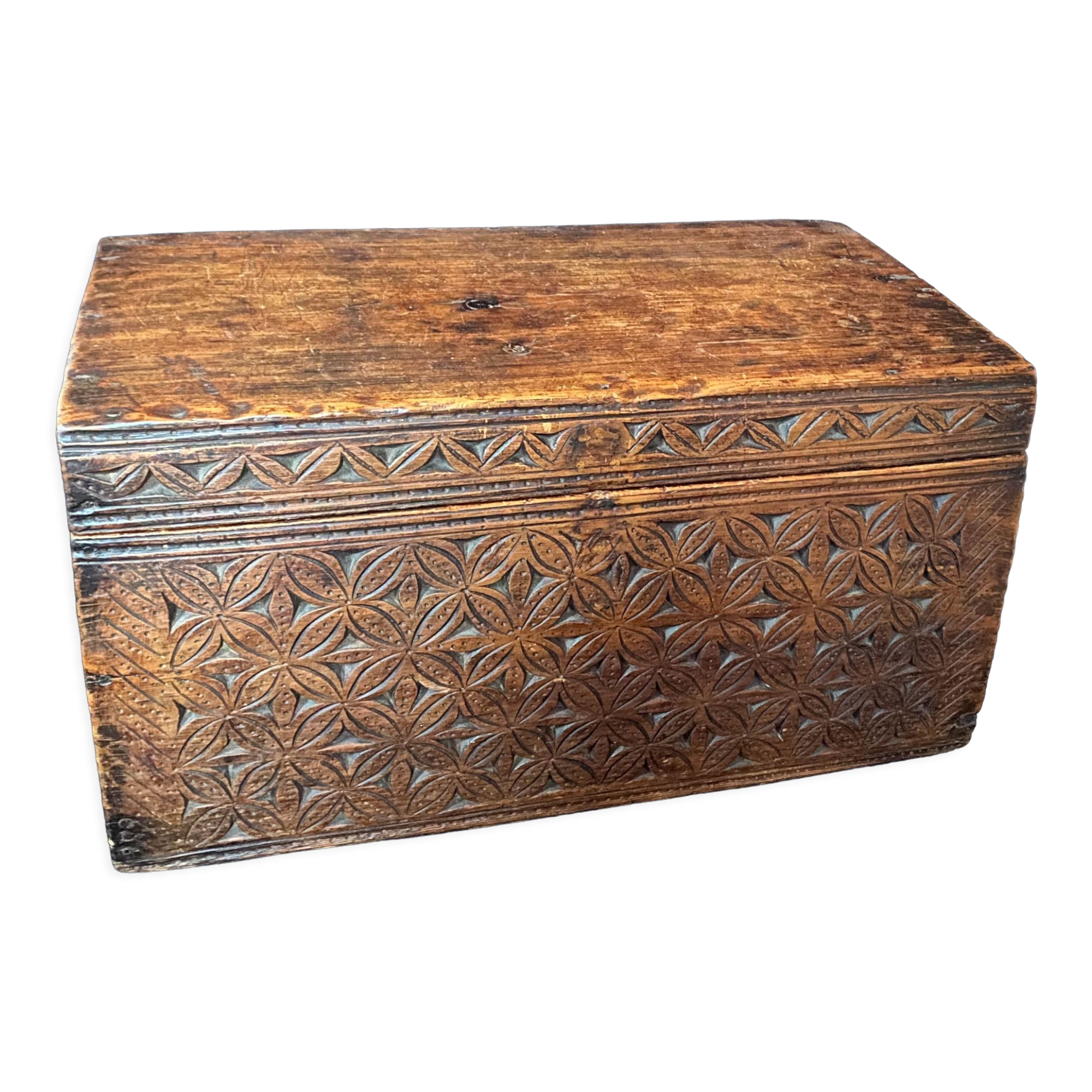 Old wooden chest with carved rosettes regionalism folk art