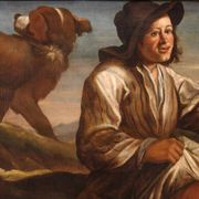 Tableau lombard antique du XVIIe siècle, le berger avec ses chiens