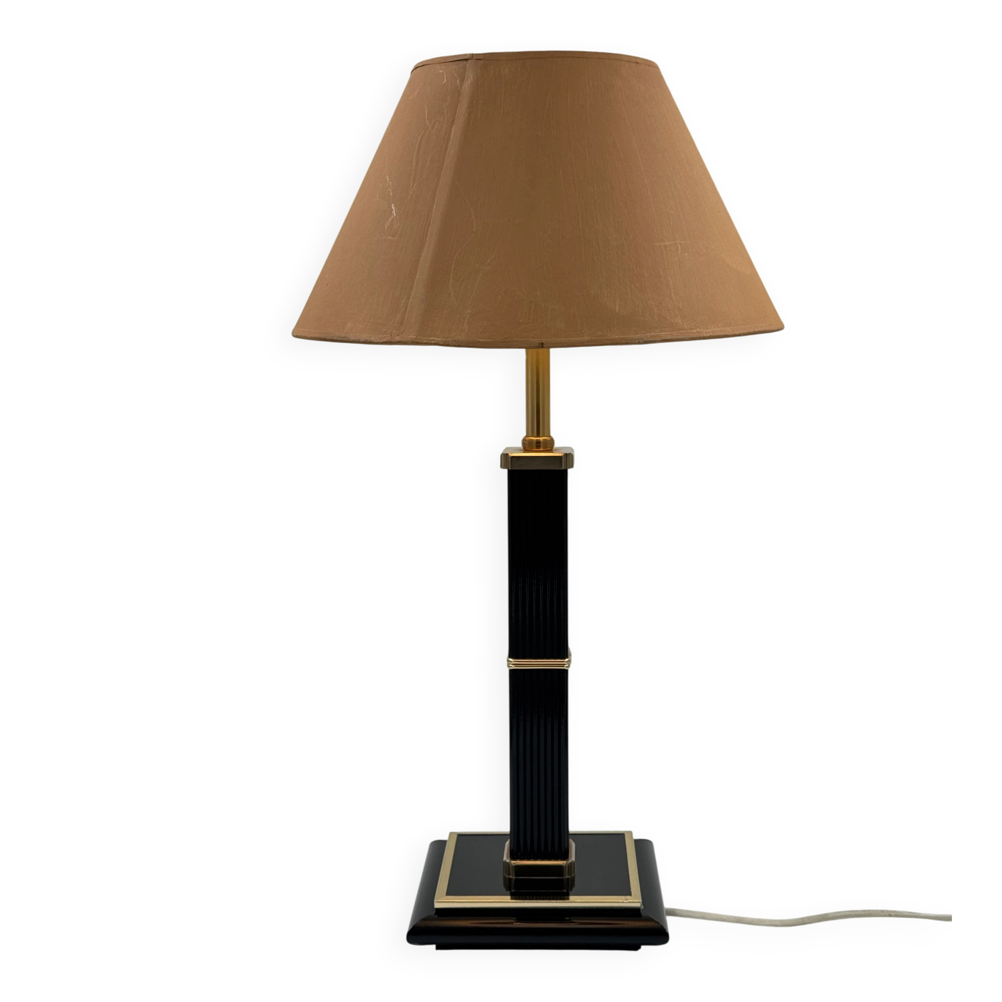 Vintage table lamp in black lacquer and gold metal, fluted column.