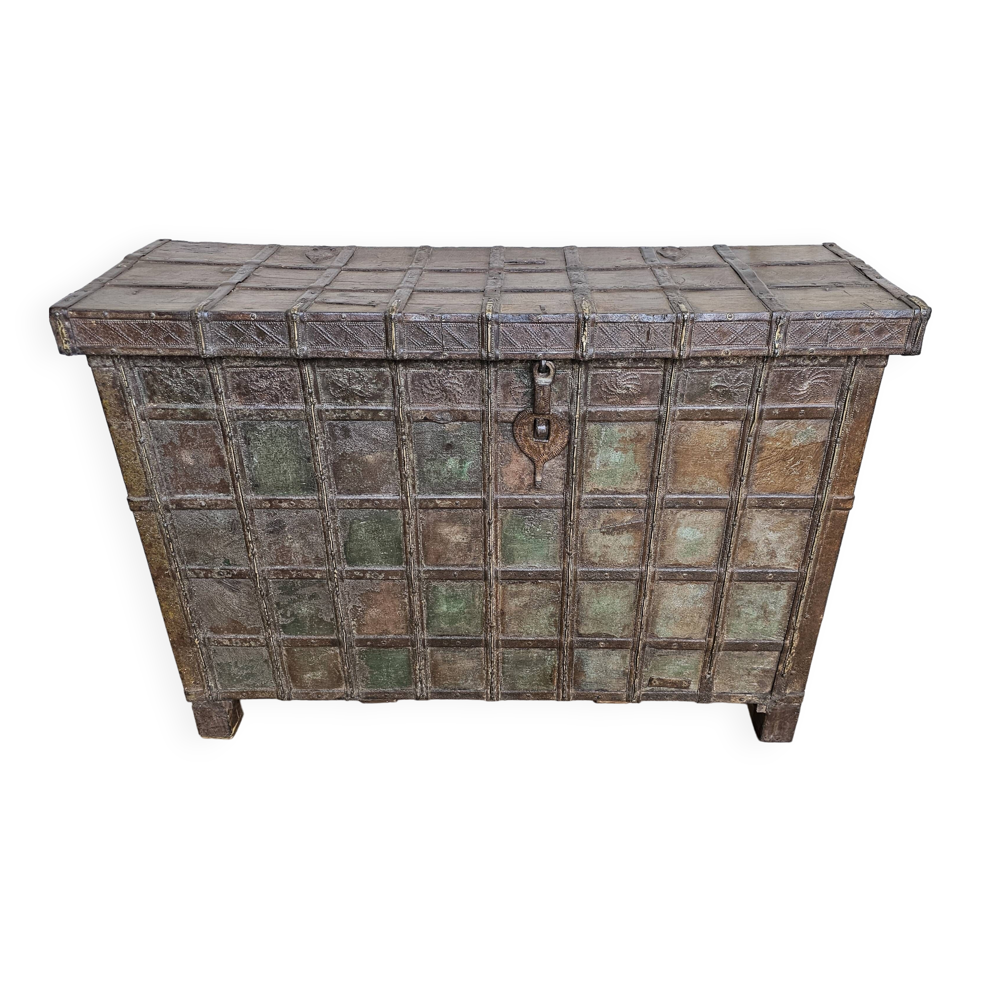 Old chest - dowry console from Bikaner in teak and wrought iron