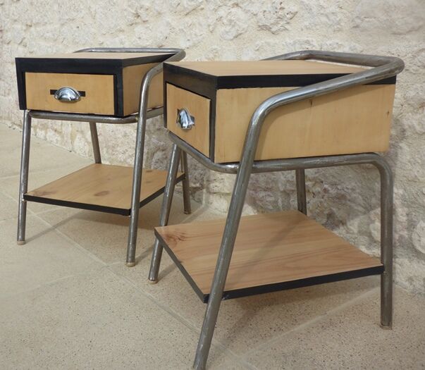 2 nightstands in wood and metal industrial style