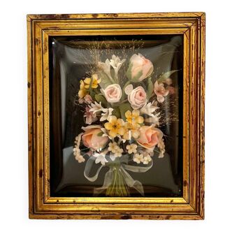 Cadre ancien verre bombé carré fleurs séchées et tissu