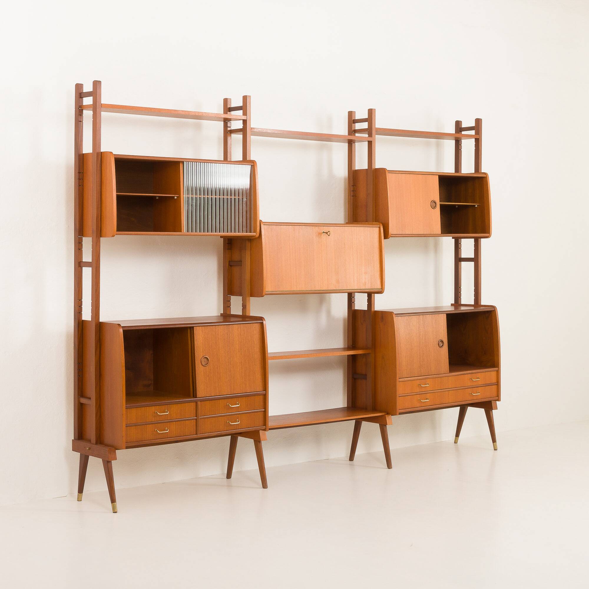 Scandinavian free-standing teak wall unit with 5 cabinets, Norway 1960s