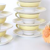 Set of 7 cups and under cups in ceramic Moulin des Loups, yellow, French manufacture,