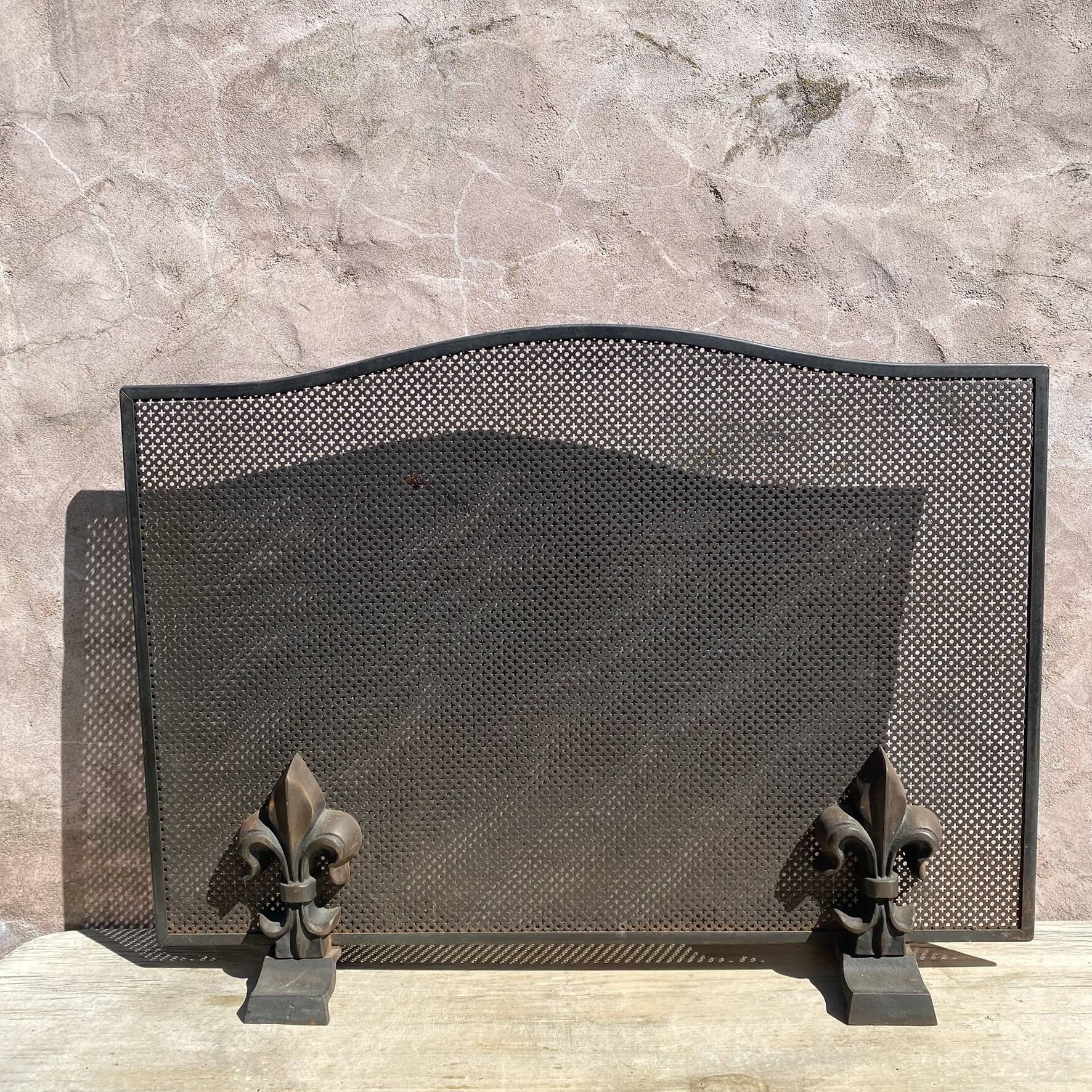 Fireplace screen in metal with cast iron fleur-de-lis.