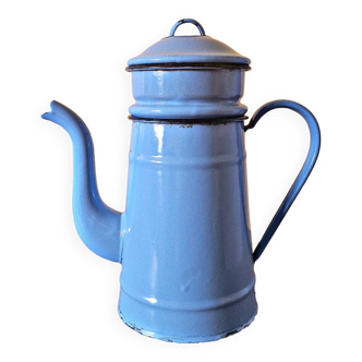 Grande cafetière vintage en tôle émaillée bleue