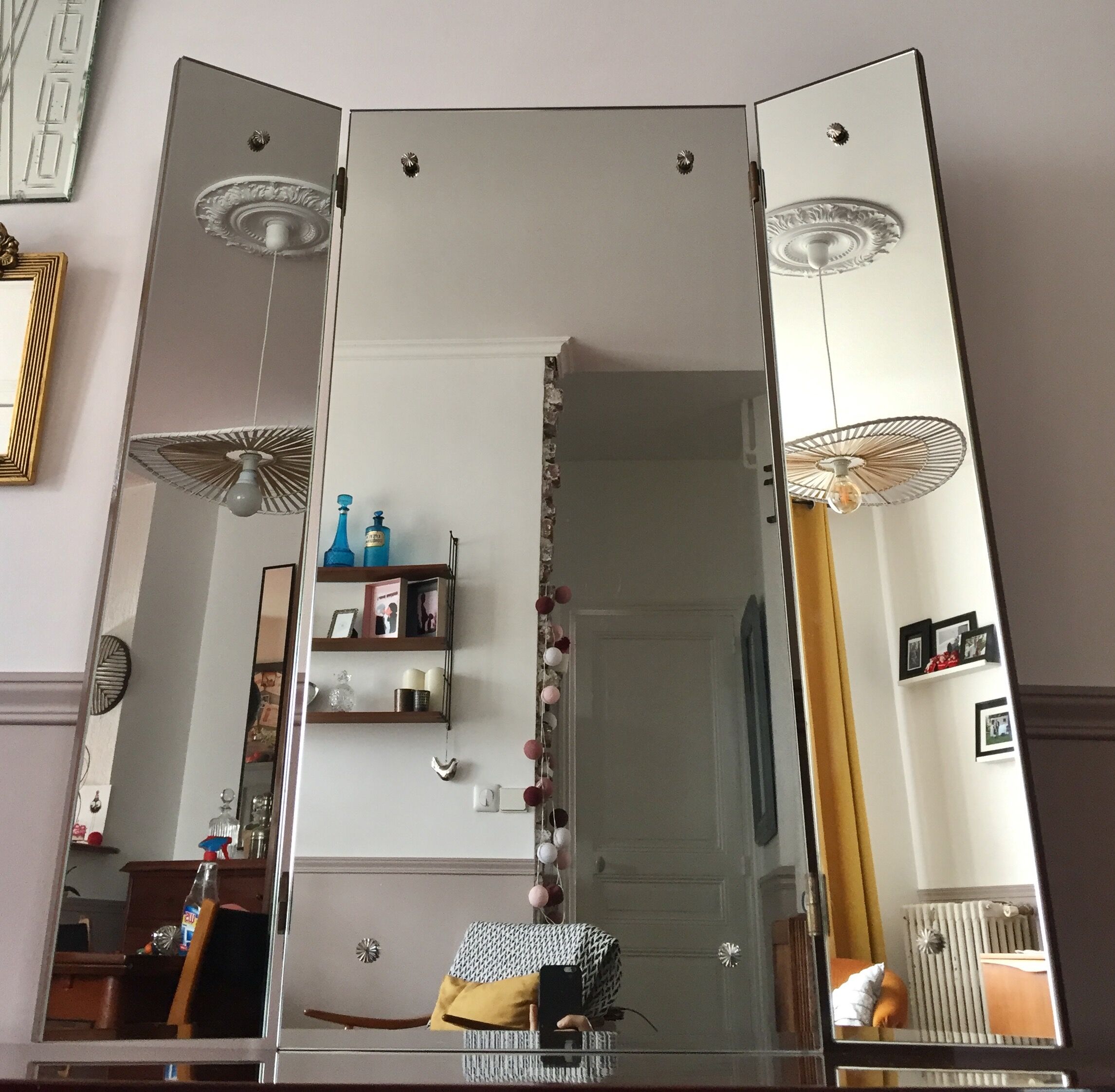 Miroir triptyque 90x80 vintage annee 70