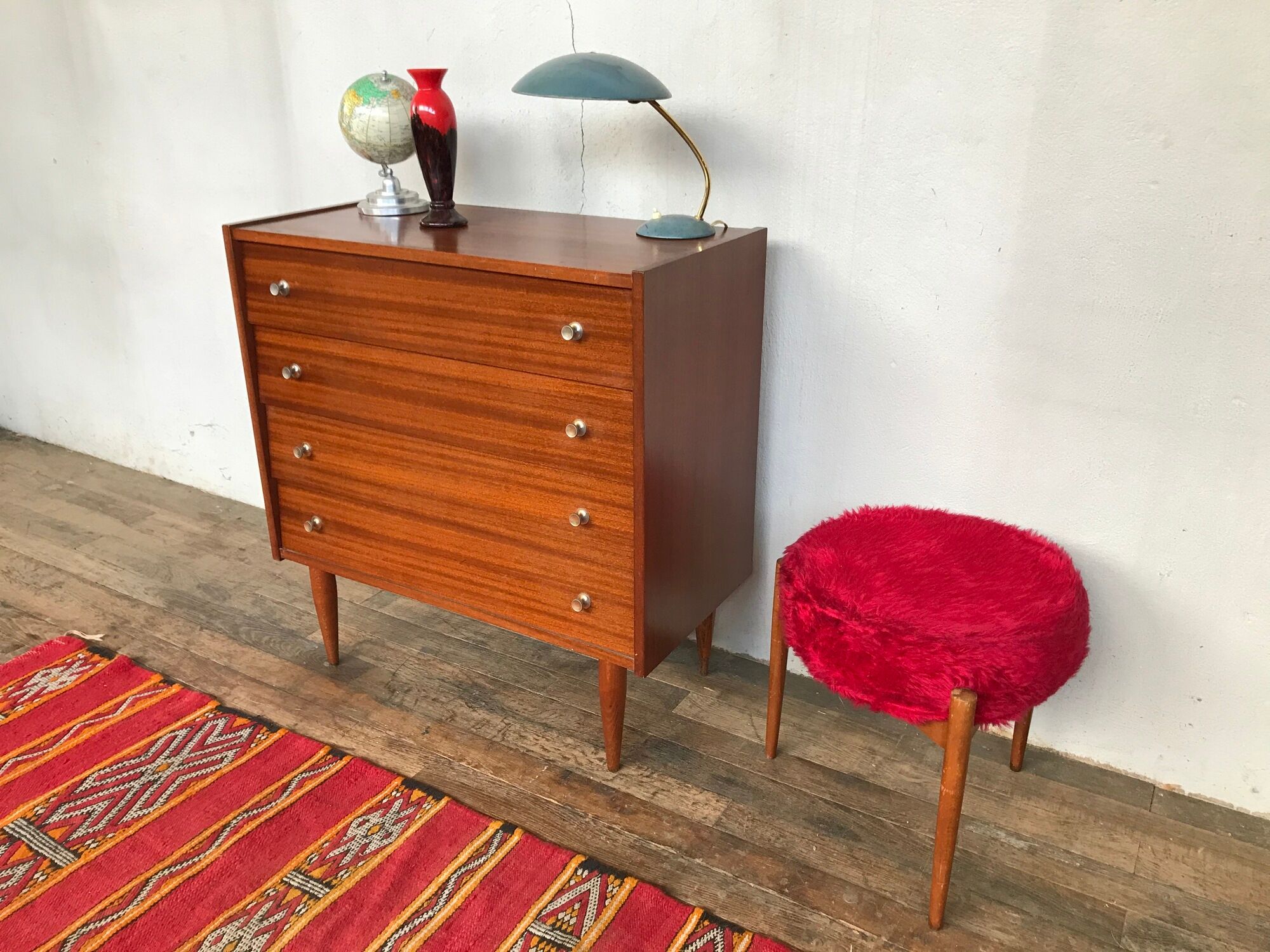 Scandinavian vintage chest of drawers with 4 exotic teak-style wooden drawers 1950 1960