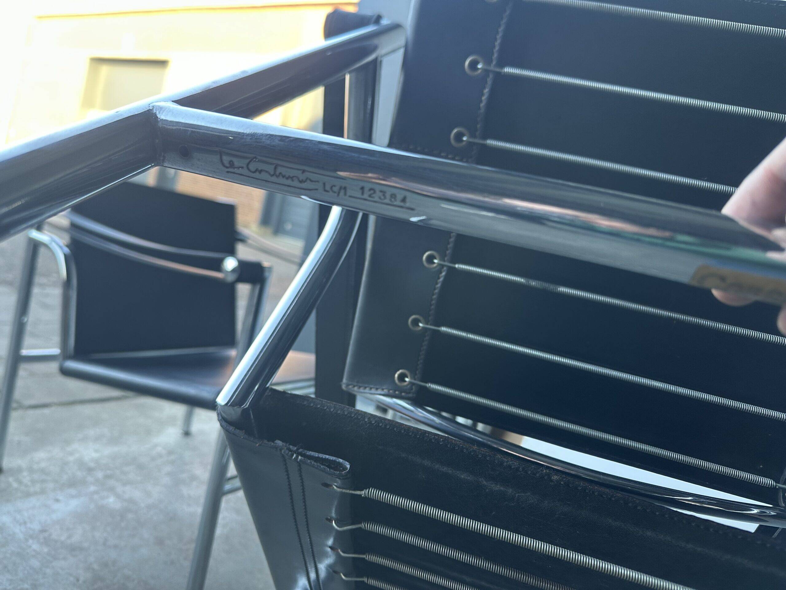 early number LC1 armchair by Le Corbusier et al for Cassina 1970s, set of 2