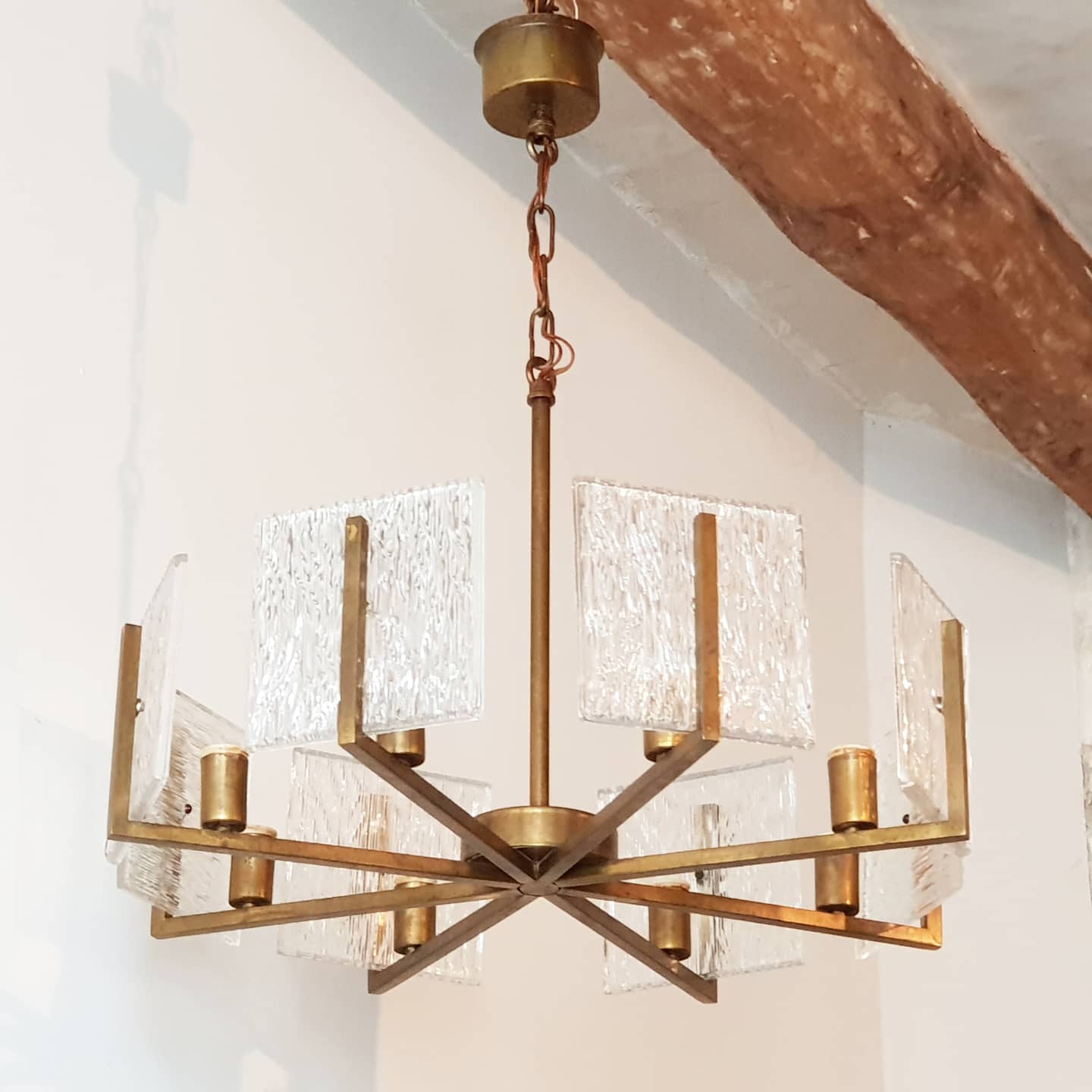 1960 vintage brass chandelier - glass