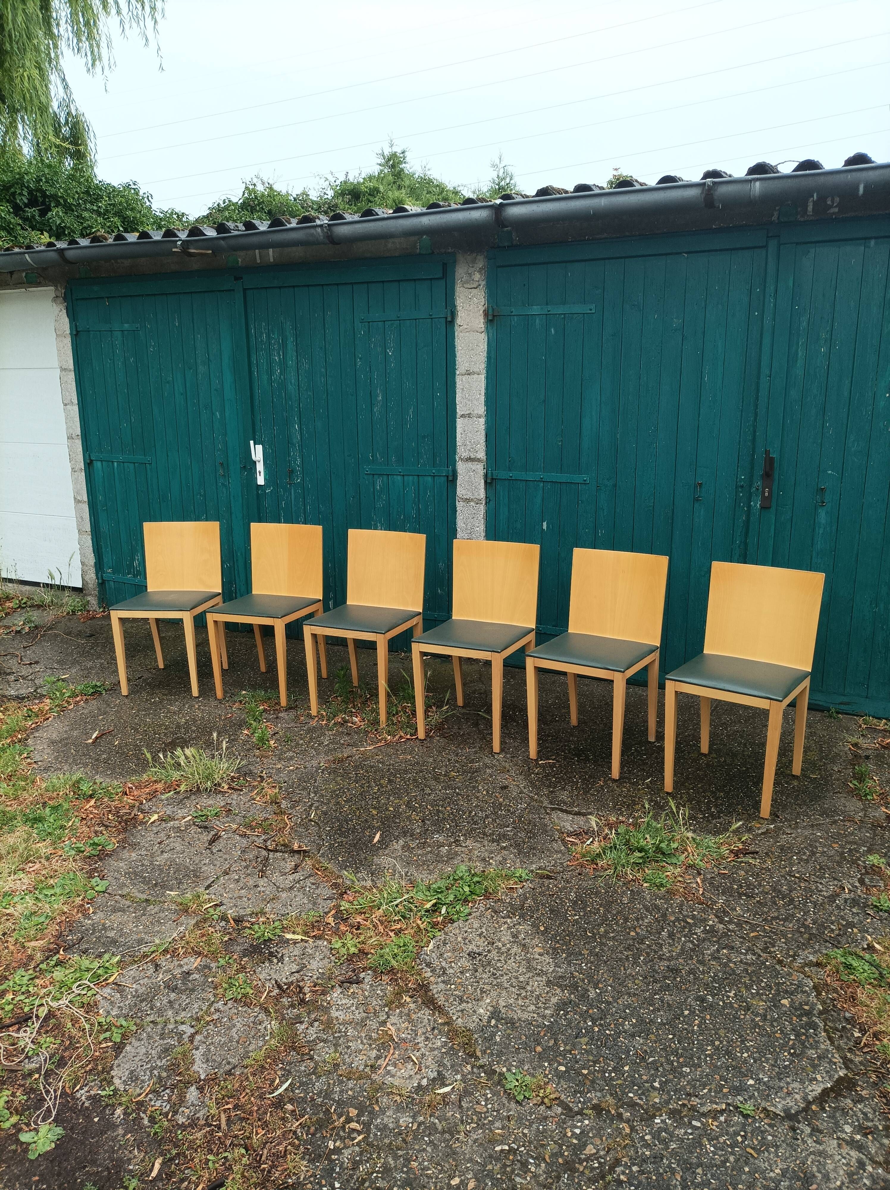 6 old wooden chairs skaï imitation leather punt mobles vintage