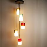 Hanging lamp with five elements in white opaline glass and coloured Murano glass by Putzler Pelill Production, 1960s.