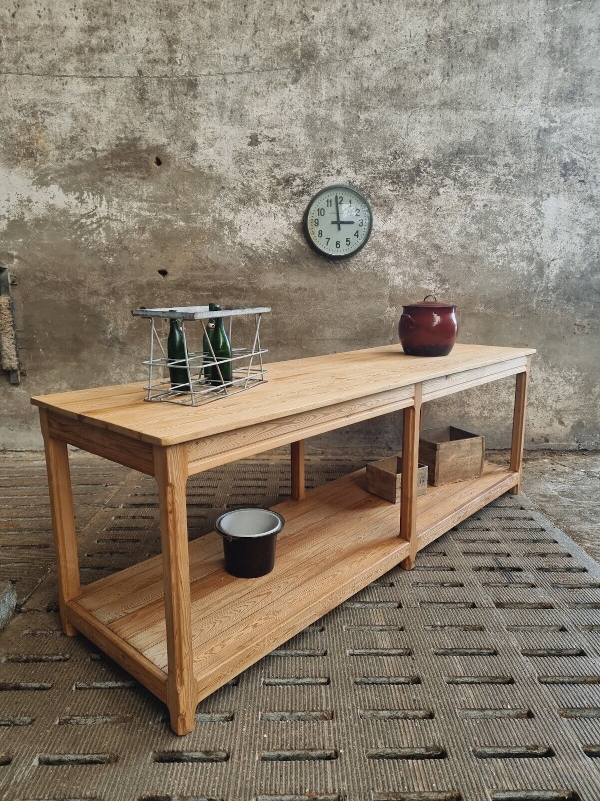 Old work table textile table pine cooking island or side table