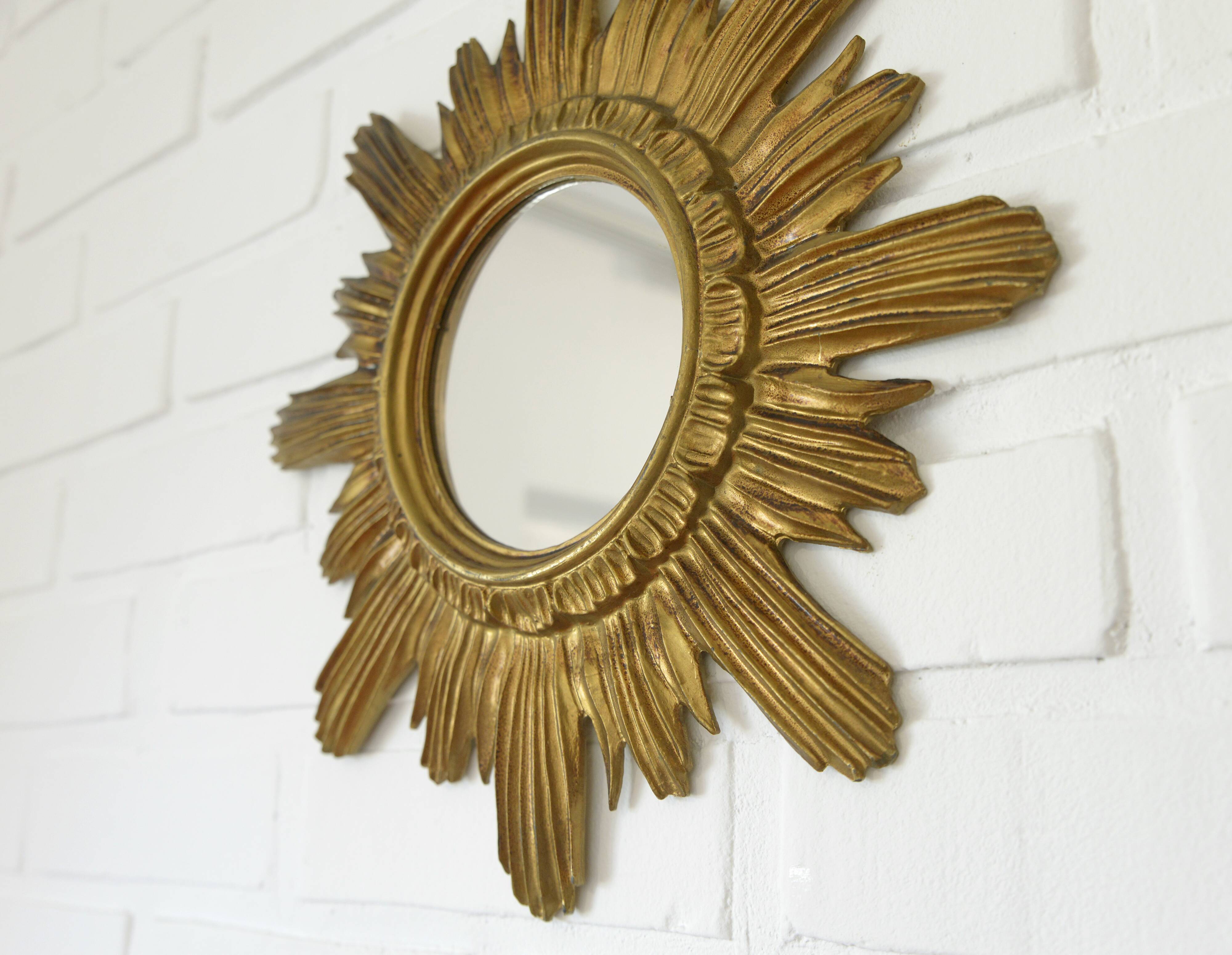 Vintage Gold Sunburst Wall Mirror Made in Italy 1960's Hollywood Regency