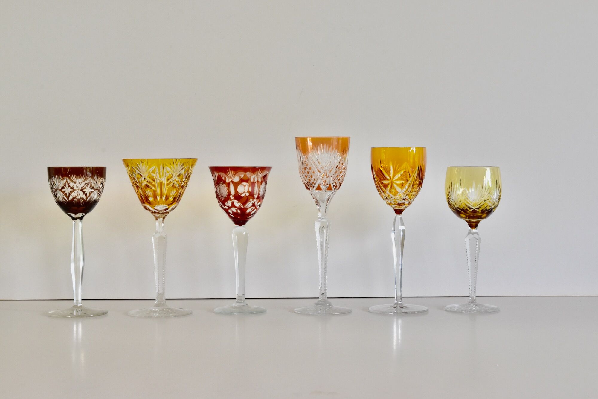 Set of 6 Bohemian Multicolored Antique Crystal Wine Glasses