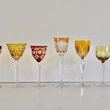 Set of 6 Bohemian Multicolored Antique Crystal Wine Glasses