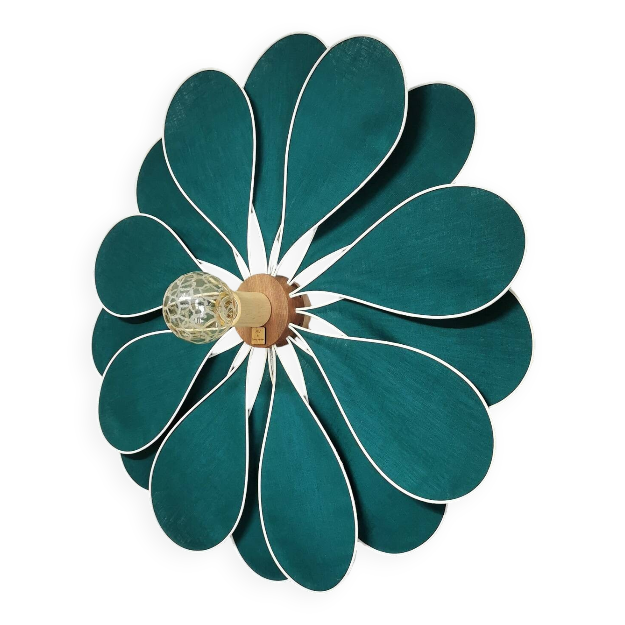 Emerald green rattan and linen flower wall light with 16 petals