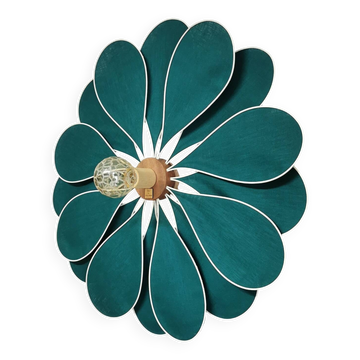 Applique murale fleur 16 pétales rotin et lin vert émeraude