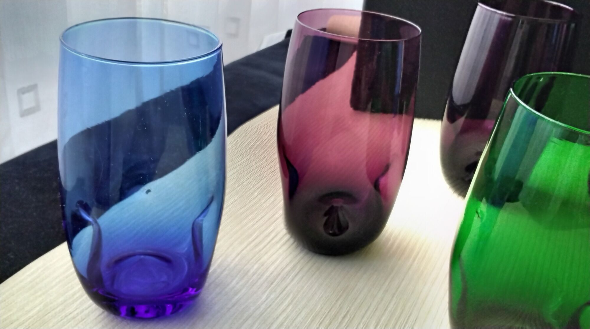 Set of 8 glasses cups high shape blown glass in different colors vintage