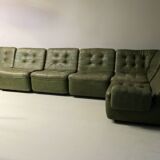 Laauser patchwork modular sofa set in olive green patinated leather, 1970s