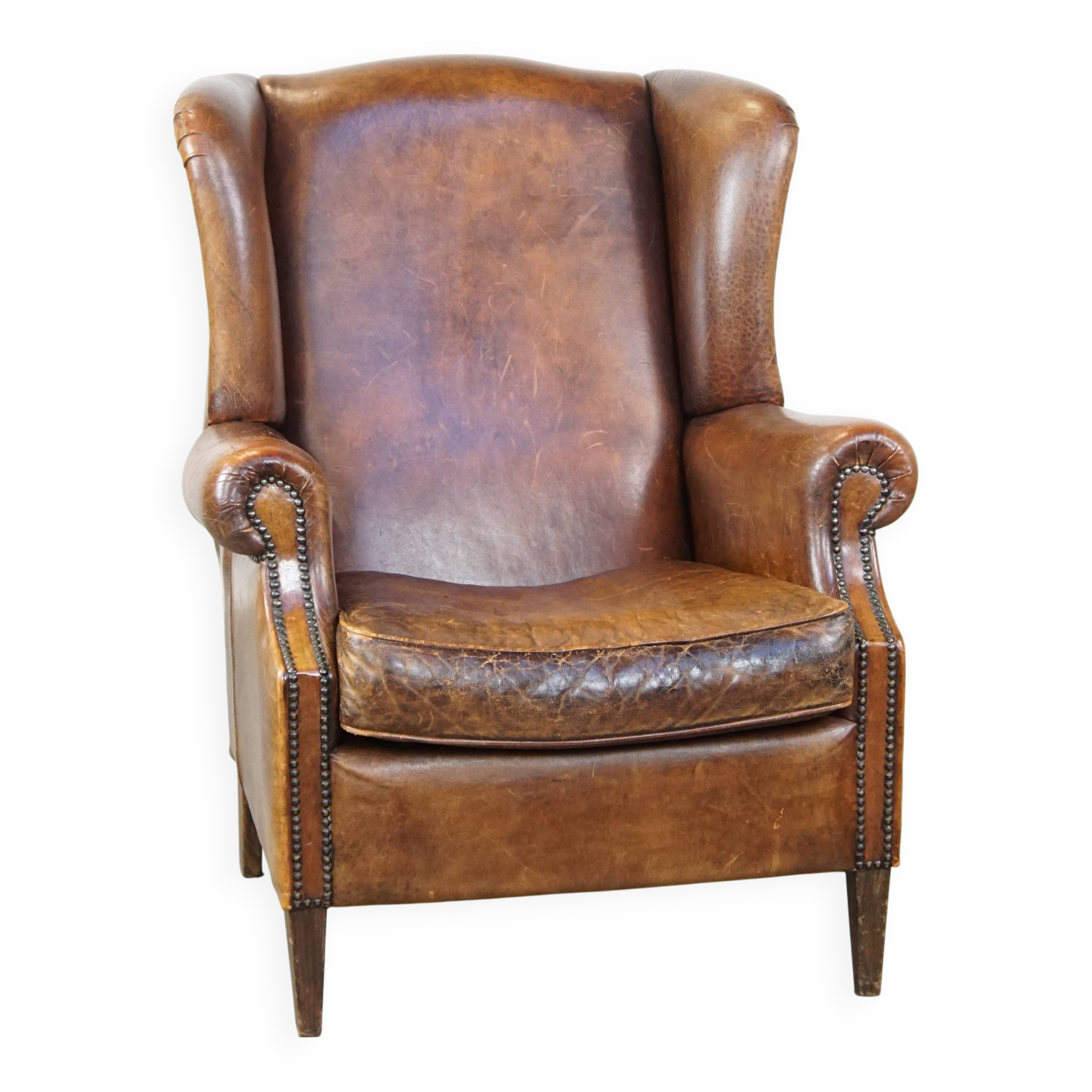 Large Vintage English-Style Sheepskin Leather Wingback Armchair