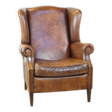 Large Vintage English-Style Sheepskin Leather Wingback Armchair