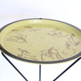 Black and yellow enamelled metal table, vintage, African Antelope motif, 1960